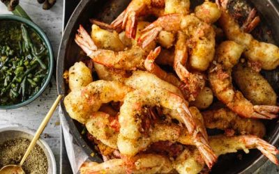 Bush fennel fried prawns with finger limes and samphire salsa