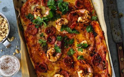 Garlic prawn pizza with chorizo and mozzarella