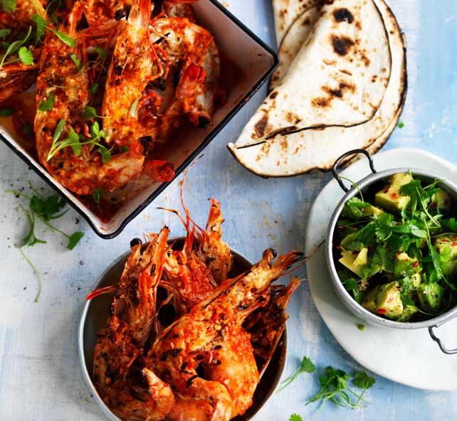 Grilled prawns with sesame chipotle mole and tortilla