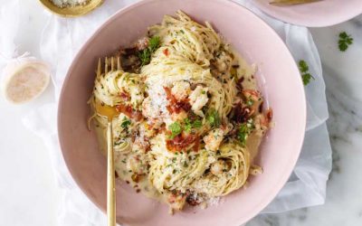 Prawn angel hair pasta with champagne sauce and caviar