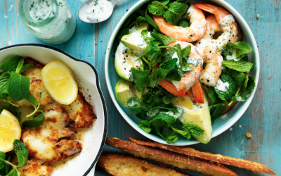 Crispy haloumi, prawn and avocado salad with parmesan crisps