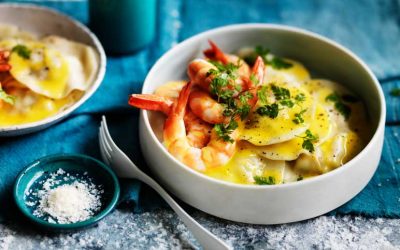 Delicate prawn ravioli with lime beurre blanc and chervil